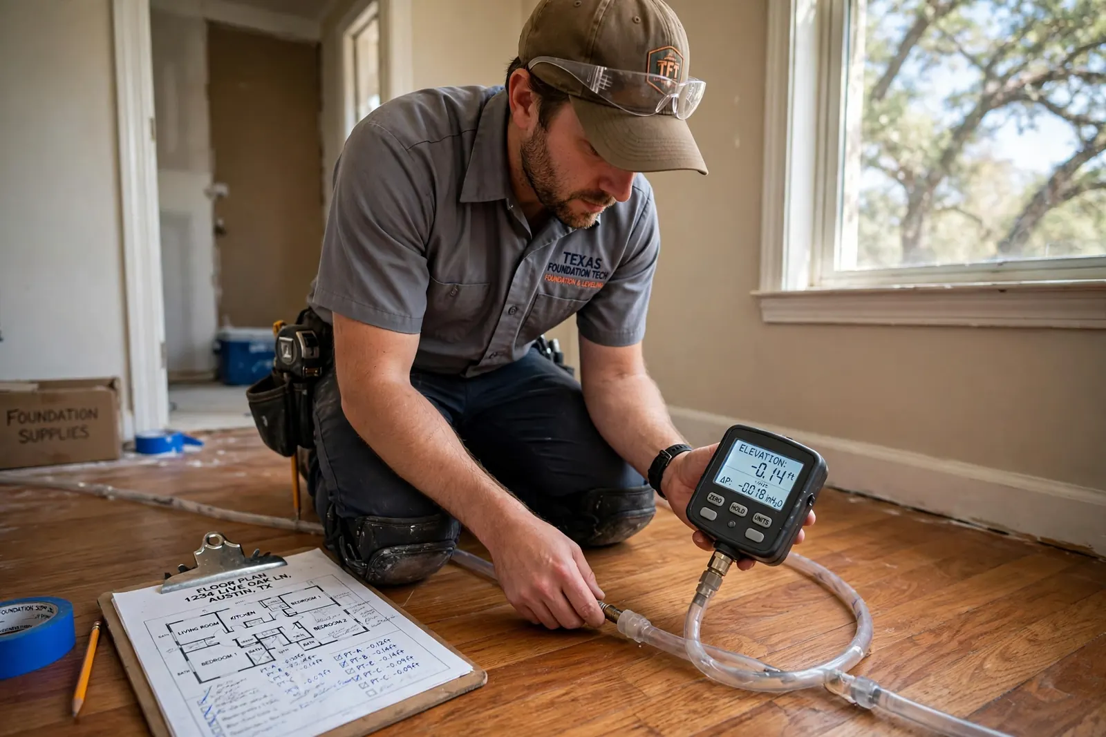 Taking the readings: a floor elevation survey in progress at a Burleson home.