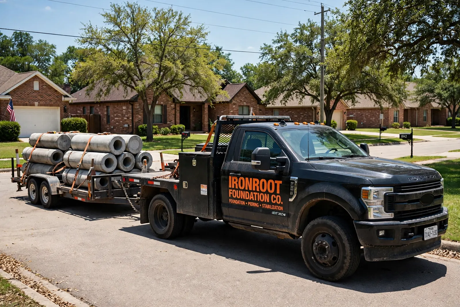 Ironroot Foundation Co. truck and trailer loaded with pier segments on a Burleson street